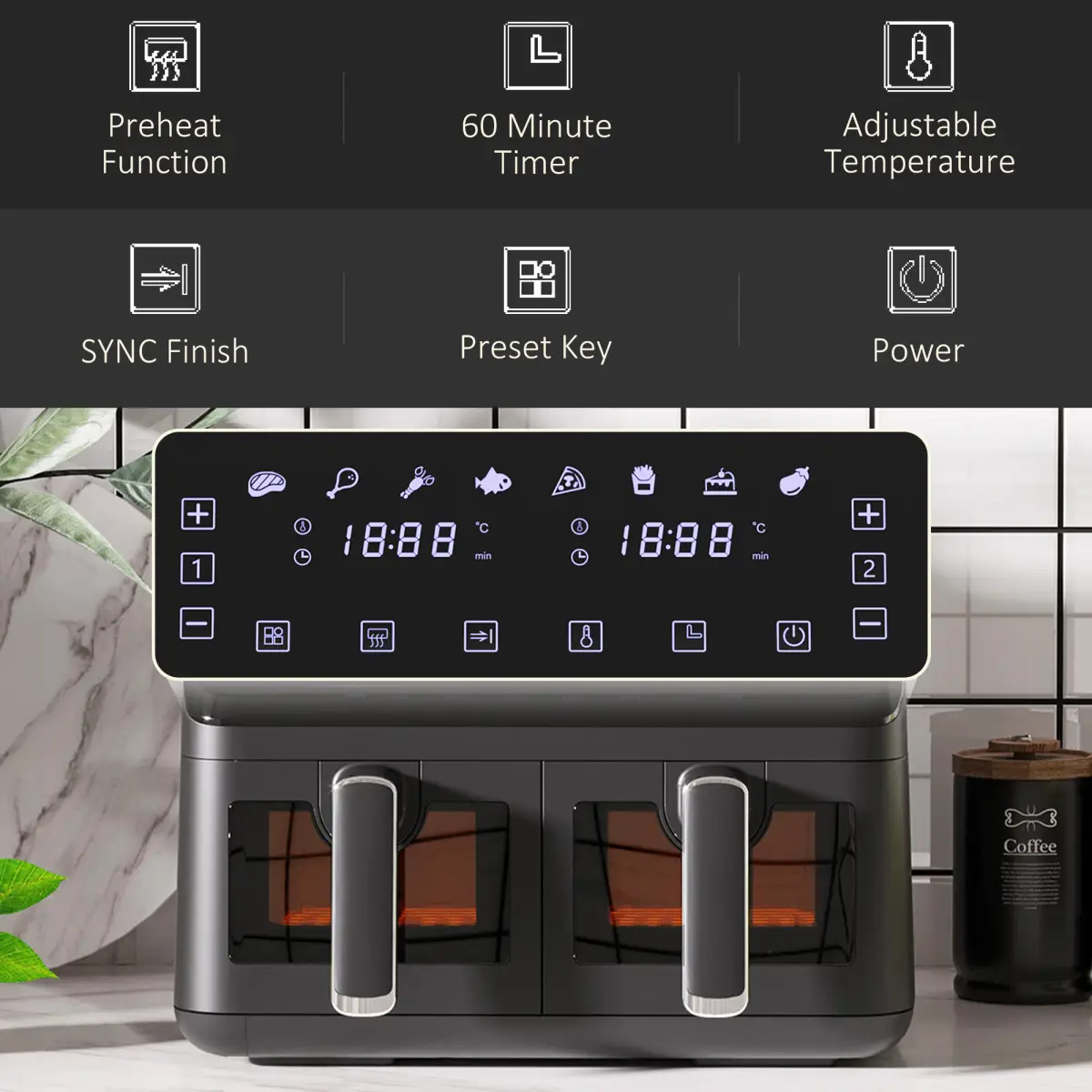 Dual Air Fryer 8L Family Size w/ 2 Basket 8 Presets Cookbook Timer 2500W by HOMCOM