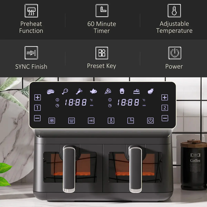 Dual Air Fryer 8L Family Size w/ 2 Basket 8 Presets Cookbook Timer 2500W by HOMCOM