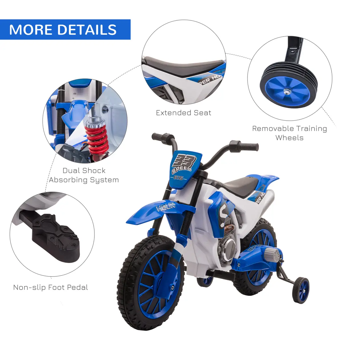 12V Kids Electric Motorbike Ride-On Motorcycle Training Wheels - Blue by HOMCOM