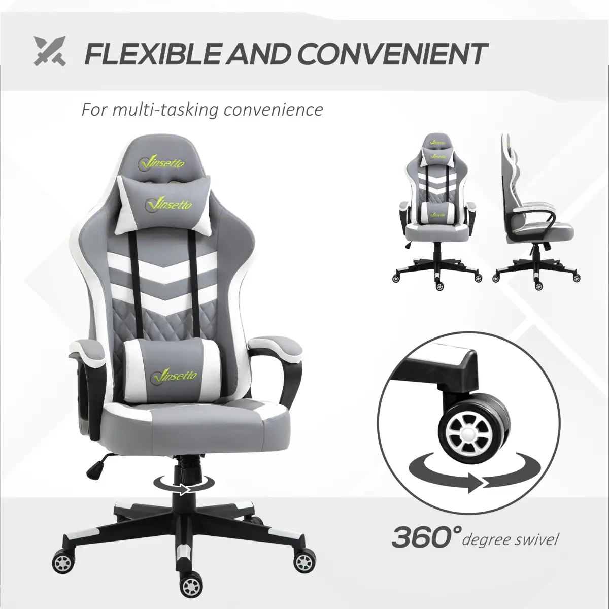 Racing Gaming Chair w/ Lumbar Support, Headrest, Gamer Office Chair, Grey White by Unbranded
