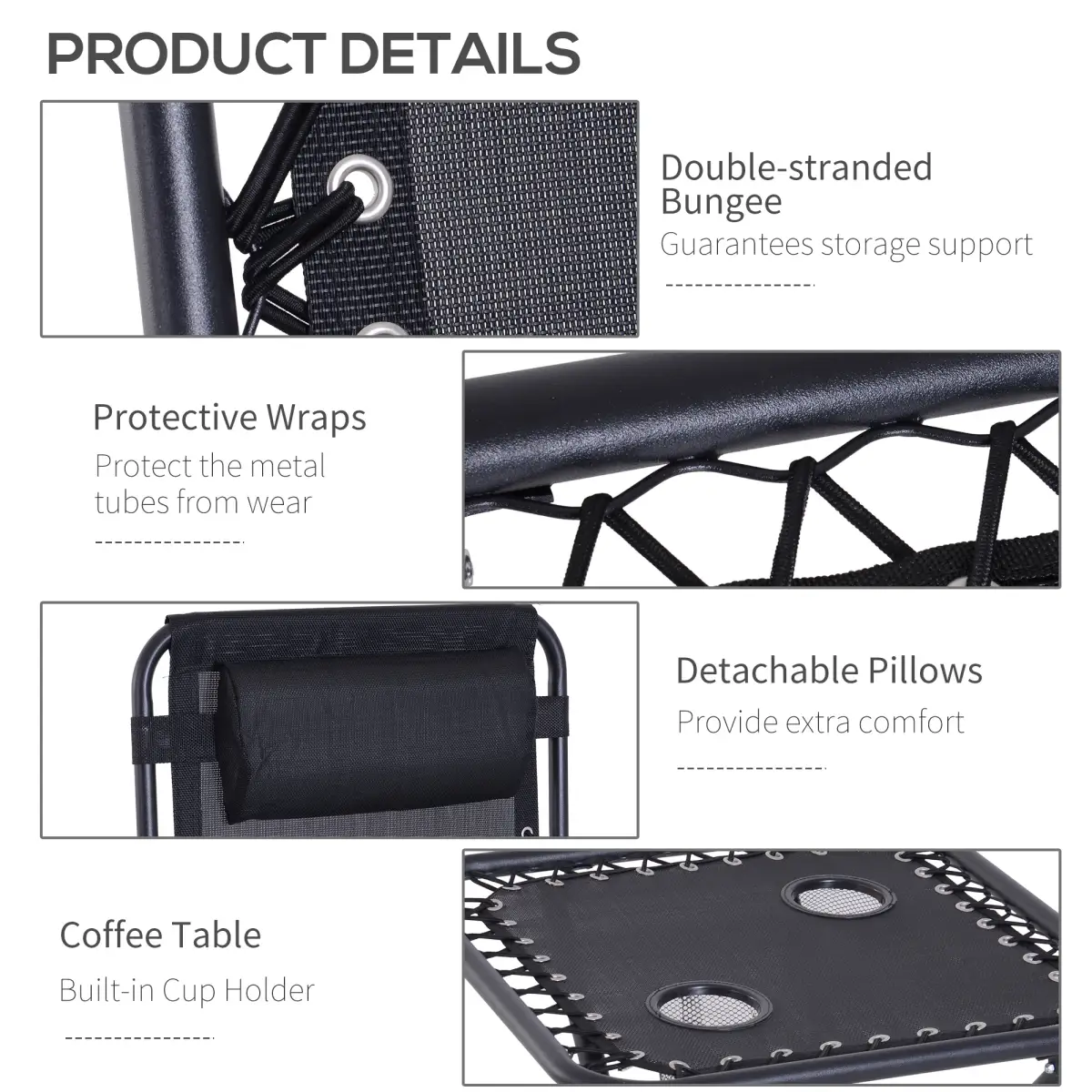 3PC Zero Gravity Chairs Sun Lounger Table Set w/ Cup Holders, Black Outsunny by Unbranded