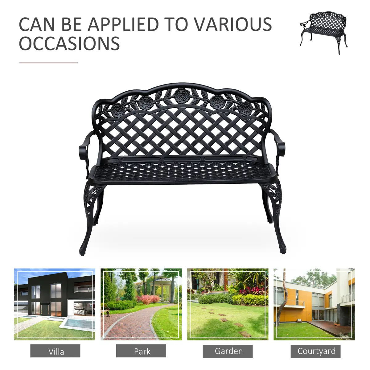 Garden Bench, Cast Aluminium, 107Lx58Wx85H cm-Black by Outsunny