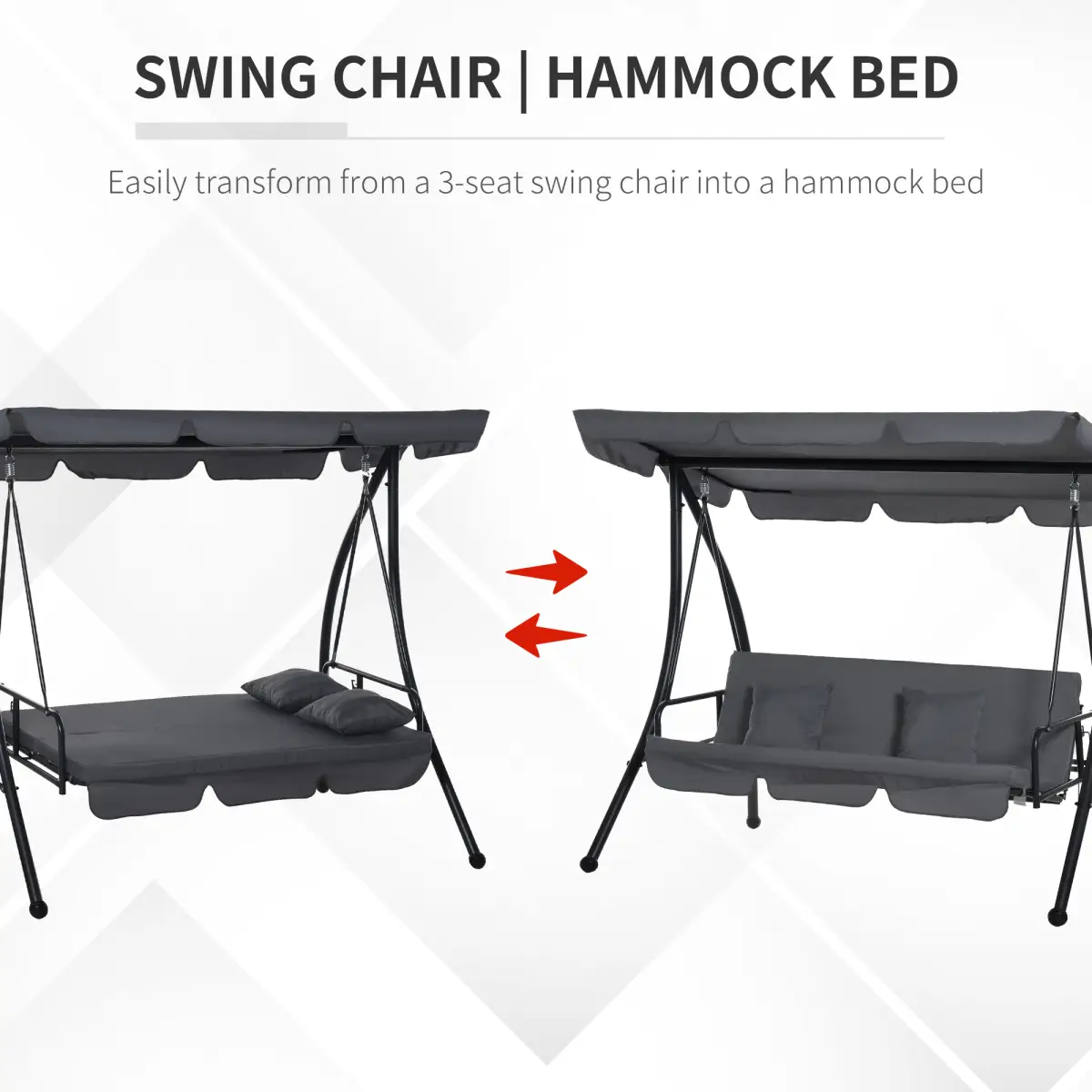 2-in-1 Patio Swing Chair Lounger 3 Seater Hammock Bed Dark Grey Cushion by Outsunny
