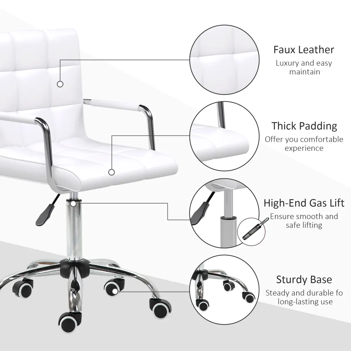 Mid Back PU Leather Home Office Chair Swivel Desk Chair with Arm, Wheel, White by Vinsetto