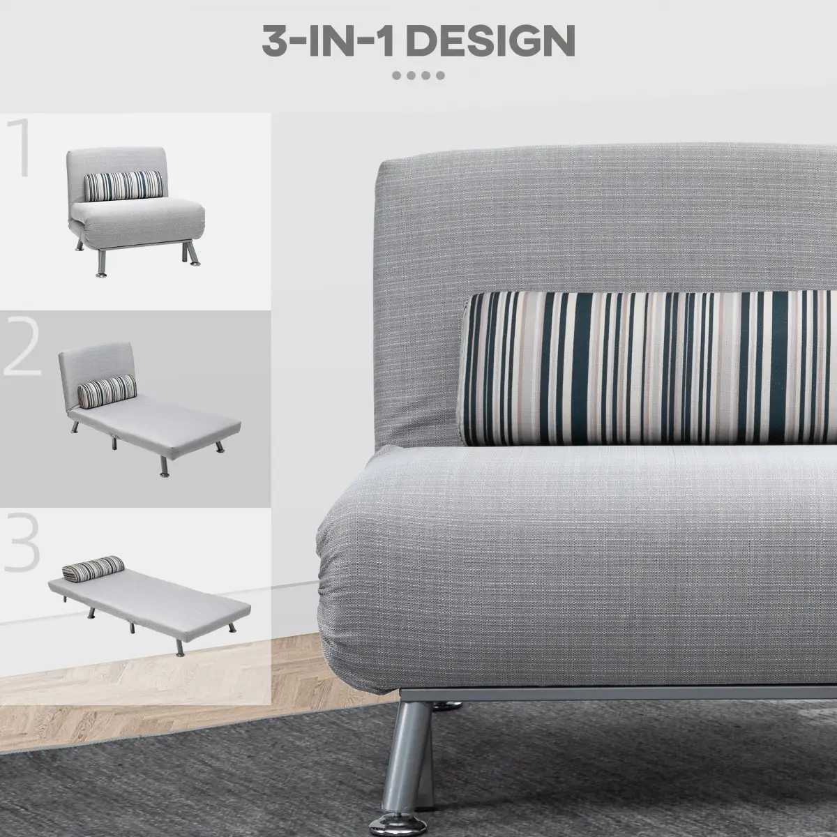 Single Sofa Bed Folding Chair Bed w/ Steel Frame Padding Pillow Grey, Silver by Unbranded