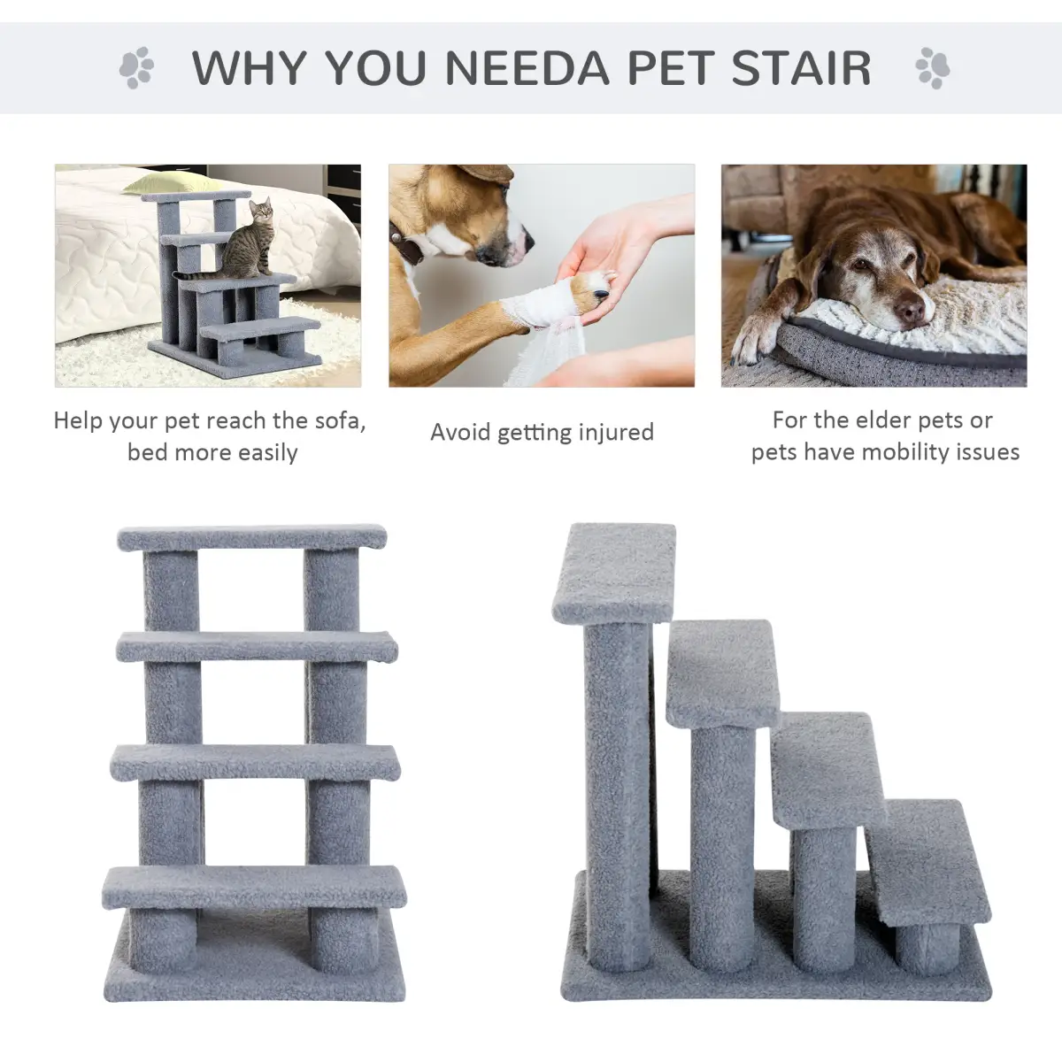 Pet Ramp Stairs 4 Steps Cat Tree Ladder Safety Steps Climbing Frame Grey by Pawhut