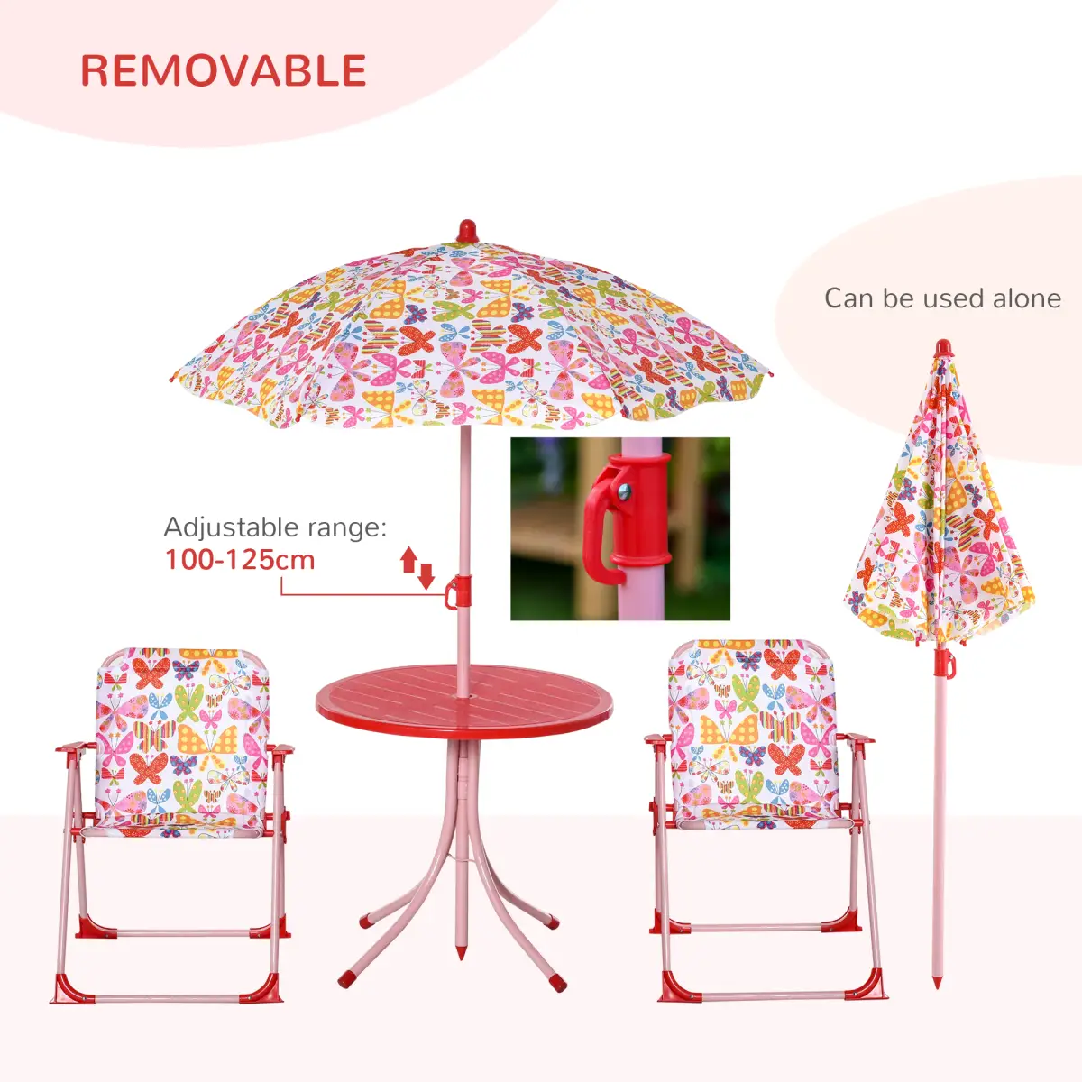 Outsunny Kids Folding Picnic Table Chair Set Butterfly Pattern Outdoor Parasol by Unbranded