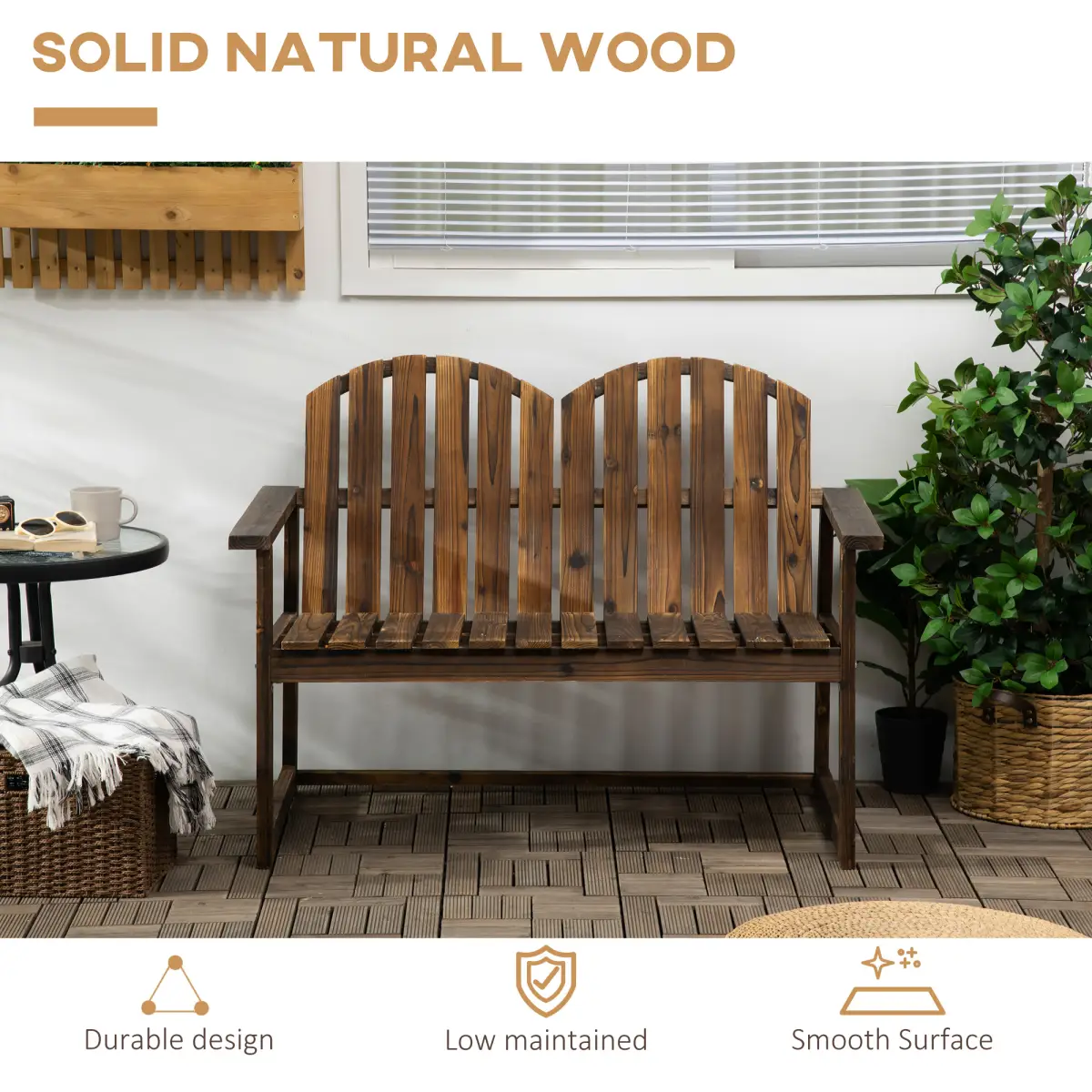 Outdoor Wooden Bench for Two People, Patio Loveseat Chair with Slatted Backrest by Outsunny