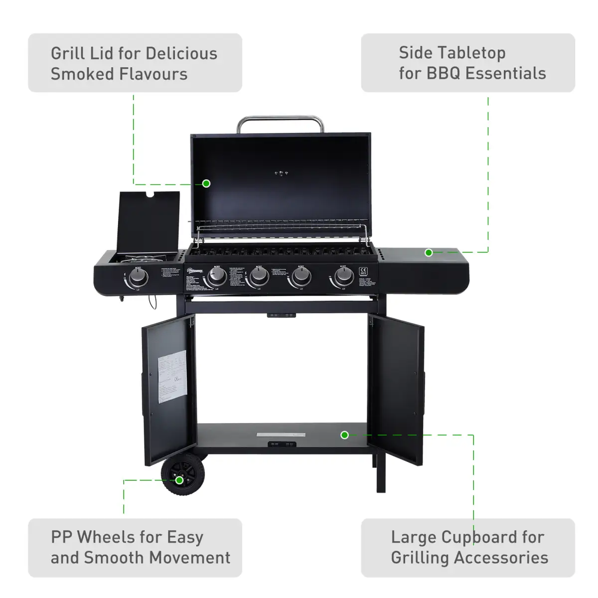4 Gas BBQ Grill with Wheels, Steel-Black by Outsunny