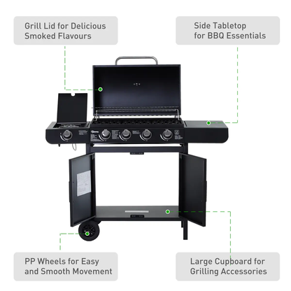 4 Gas BBQ Grill with Wheels, Steel-Black by Outsunny