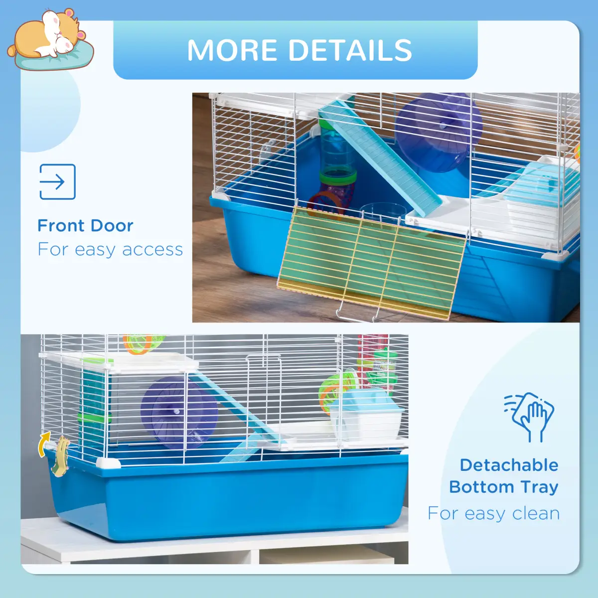 Hamster Cage Rodents House w/ Tubes Exercise Wheel, Water Bottle - Blue by Pawhut
