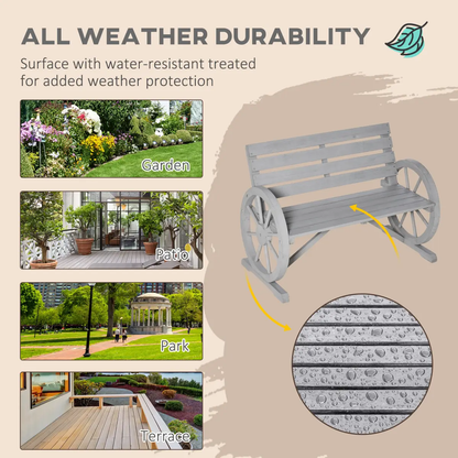 2 Seater Bench Armrest Chair & Wooden Cart Wagon Wheel Rustic High Back Grey by Outsunny