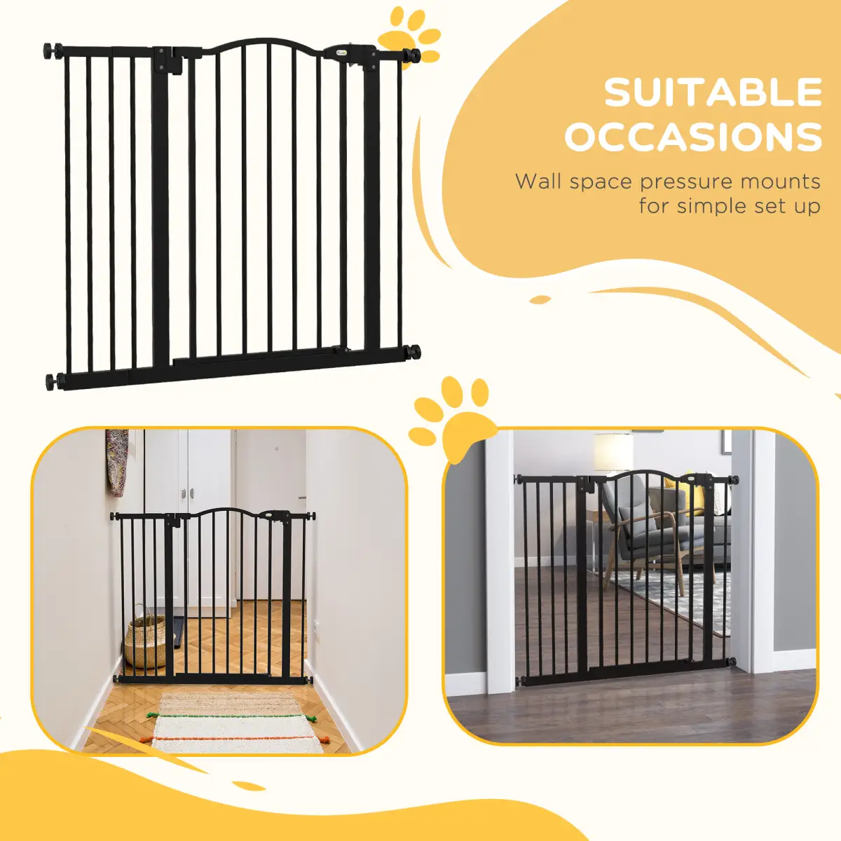PawHut 74-94cm Adjustable Metal Pet Gate Safety Barrier w/ Auto-Close Black by PawHut