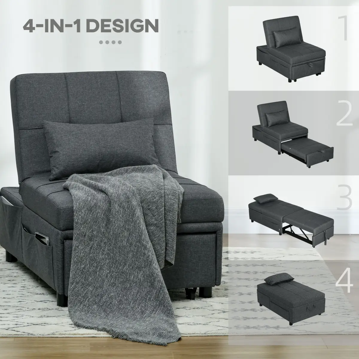 HOMCOM Folding Sofa Bed Adjustable Single Sleeper w/ Pillow Side Pocket, Grey by HOMCOM