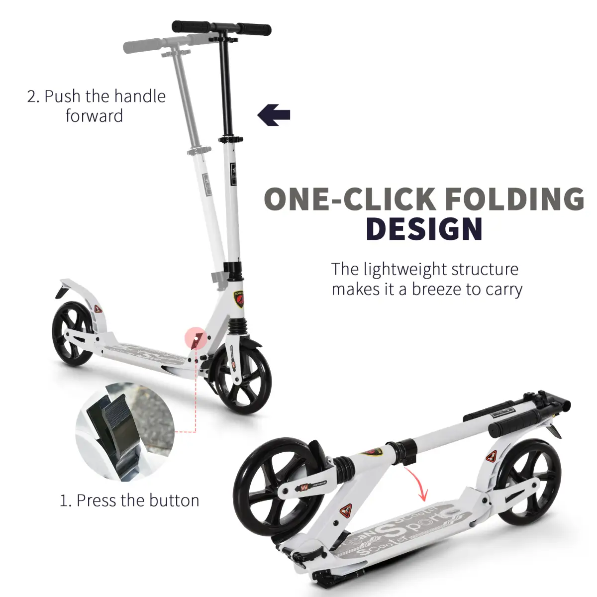 Kick Scooter Folding 2 Big Wheels Adjustable Adult Teens For 14 White HOMCOM by Unbranded
