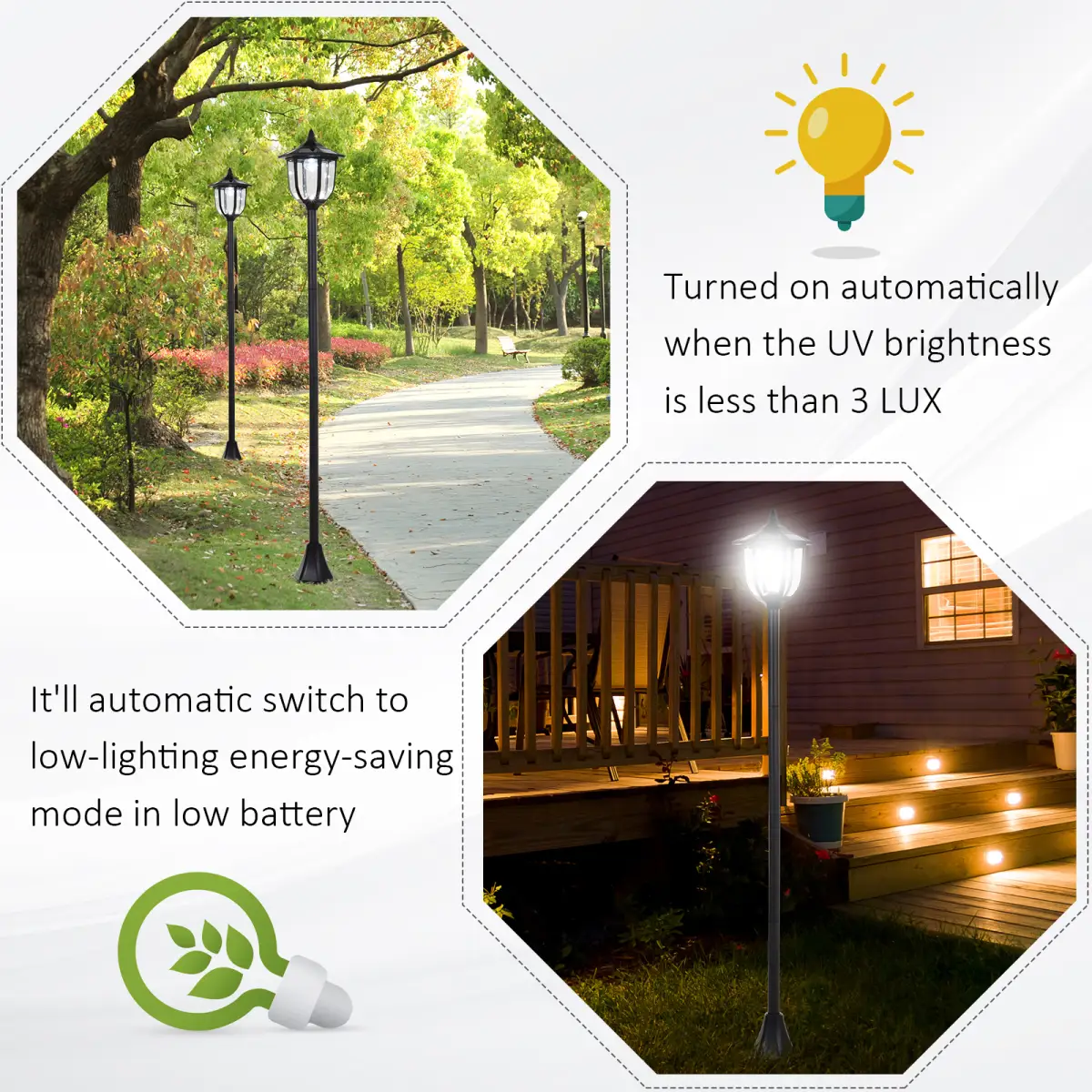 1.77m Tall Free-Standing ABS Garden Solar LED Lamp Post Black by Outsunny