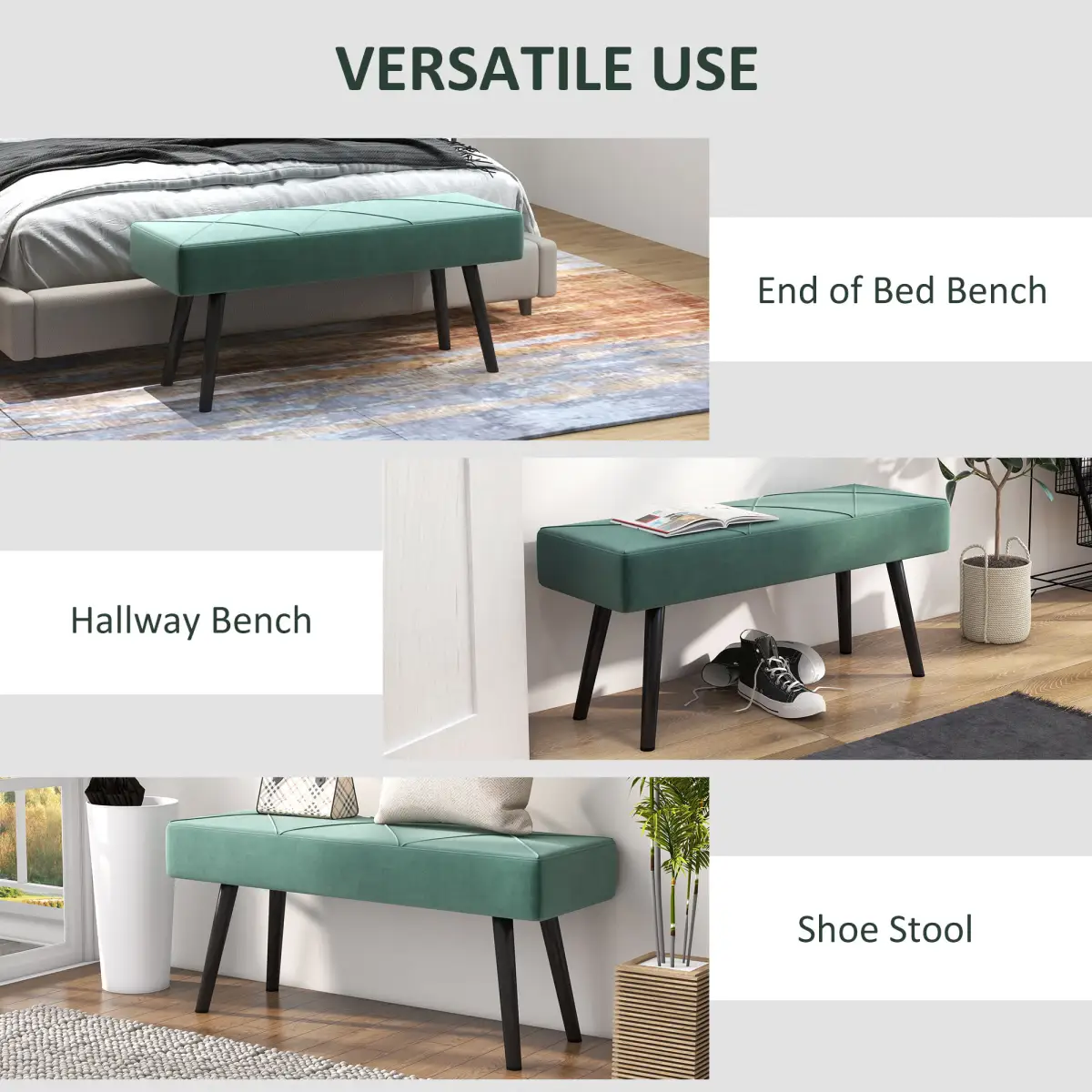 HOMCOM End of Bed Bench, Upholstered Hallway Bedroom with Steel Legs, Green by HOMCOM