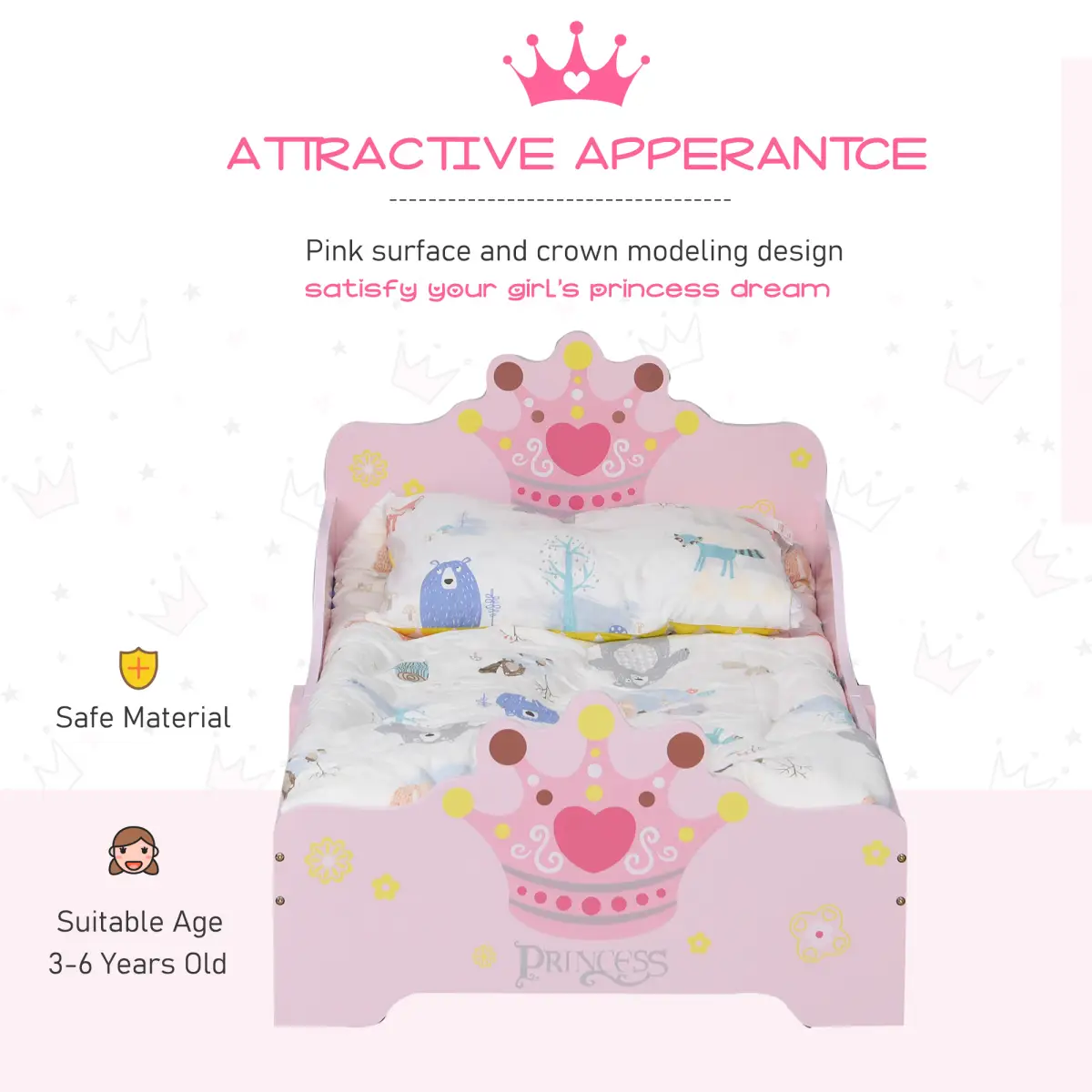 Kids Wooden Princess Crown & Flower Single Bed Safety Side Rails Slats by Homcom