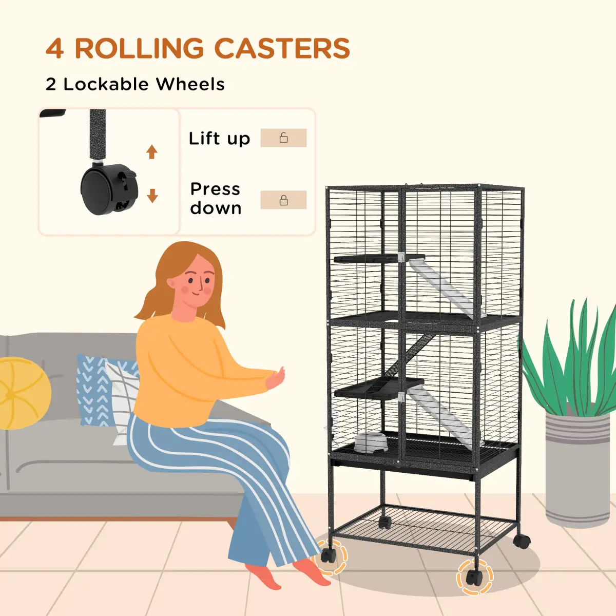 PawHut Ferret Cage 136cm Rolling Small Animal Cage w/ 3 Doors, Storage Shelf by PawHut