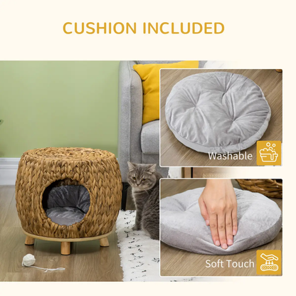 Rattan Cat House Stool, Wicker Kitten Bed for Outdoors and Indoors w/ Cushion by Unbranded