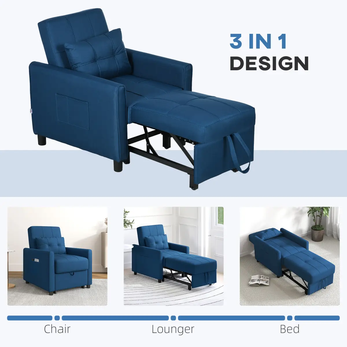 HOMCOM Pull Out Chair Bed, Sleeper Chair with Pillow, Side Pockets, Blue by HOMCOM