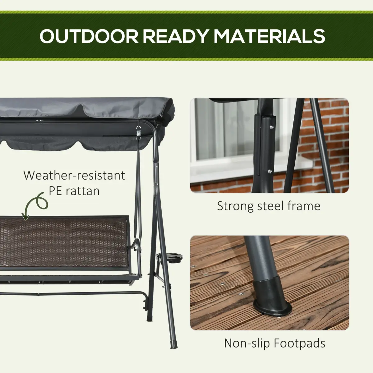 Outsunny 3 Seater Garden Swing Seat Bench with Adjustable Canopy, Rattan Seat by Outsunny