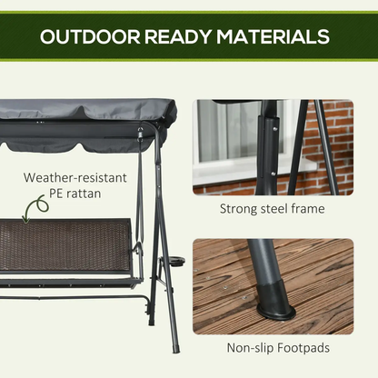 Outsunny 3 Seater Garden Swing Seat Bench with Adjustable Canopy, Rattan Seat by Outsunny