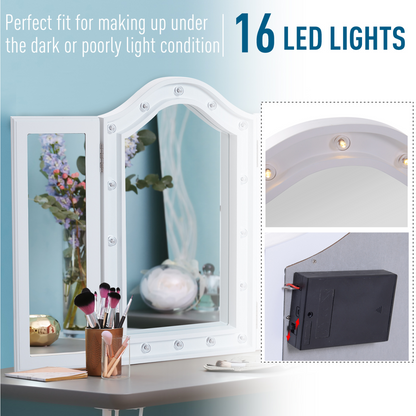 Lighted Tri-Fold Vanity Mirror Large Cosmetic Mirror LED Lights White by HOMCOM