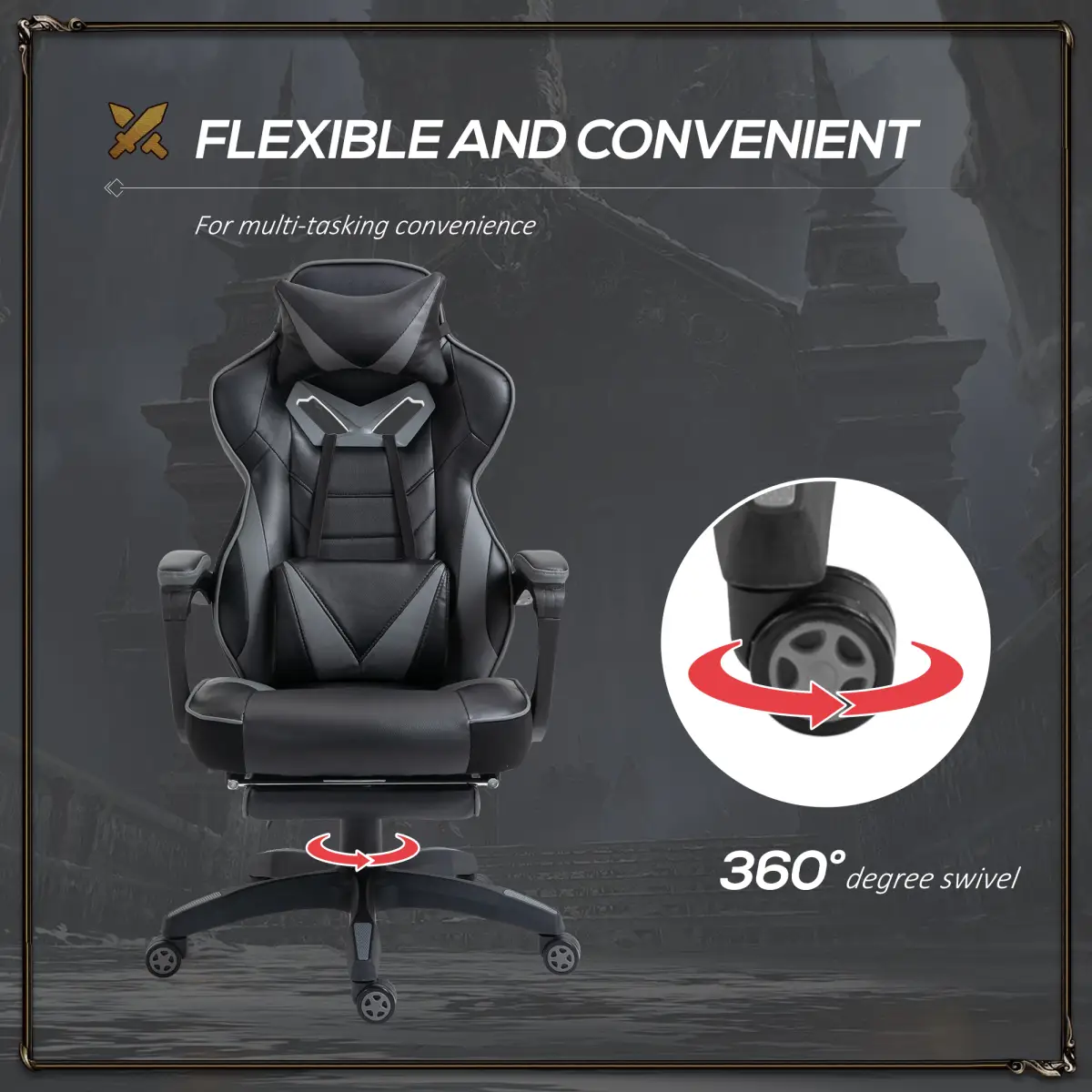 Gaming Chair Ergonomic Reclining w/ Manual Footrest Wheels Stylish Office Grey by Vinsetto