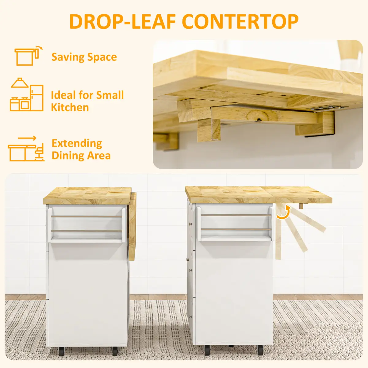 Drop-Leaf Kitchen Island on Wheels Utility Storage Cart with Drawers & Cabinet by Unbranded