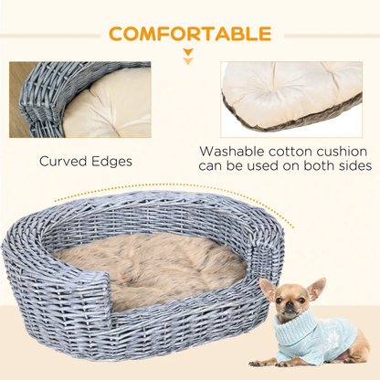 Elevated Dog Cat Couch Pet Basket Sofa Bed Wicker Willow Rattan Cushion Pawhut by Unbranded