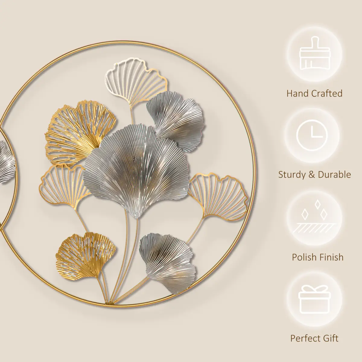 Minimalist Metal Wall Art Ginkgo Leaves Hanging Wall Sculpture, Gold by HOMCOM