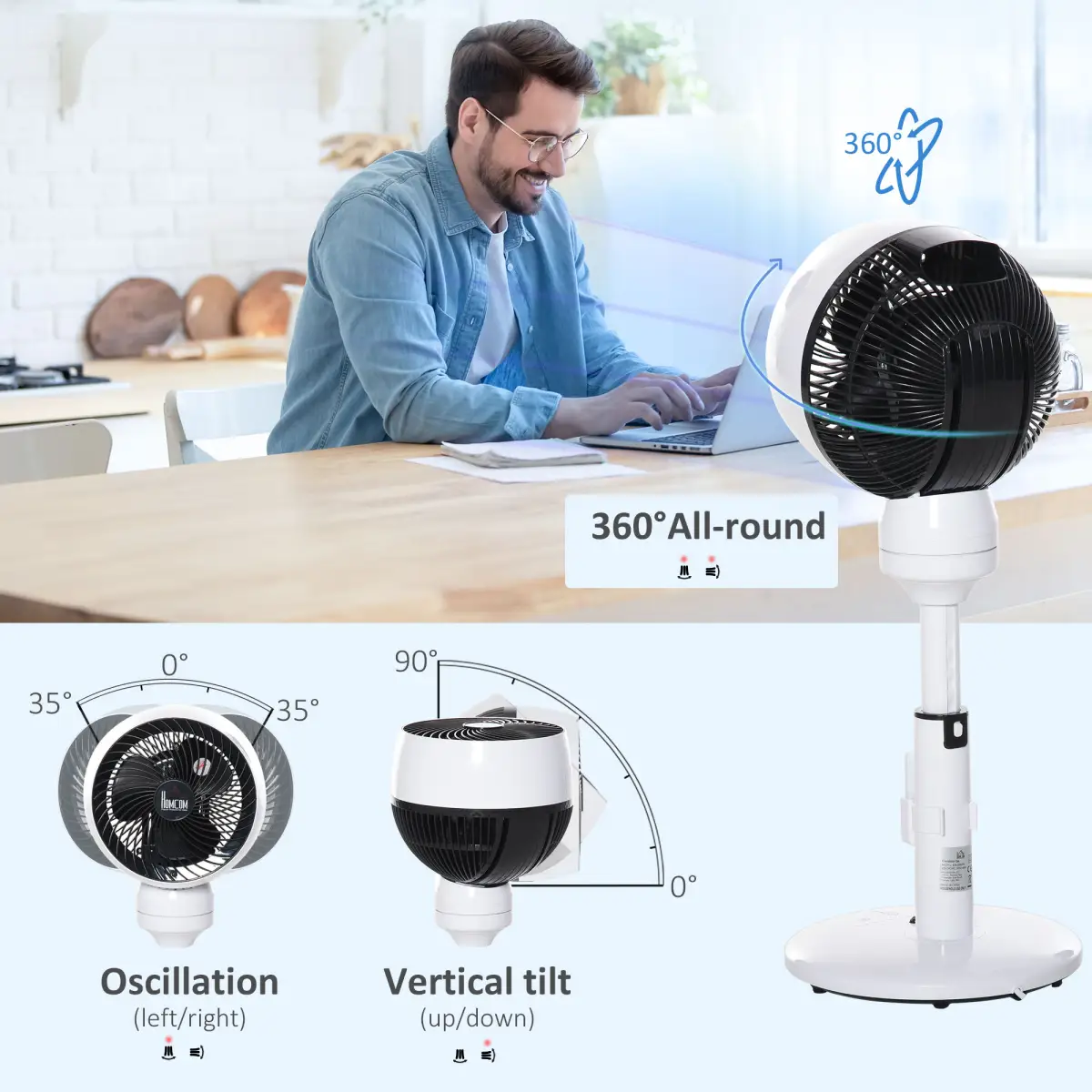 Air Circulator Fan 3 Speed 3 Mode, Oscillation Tilt, Height Adjust Black/White by HOMCOM