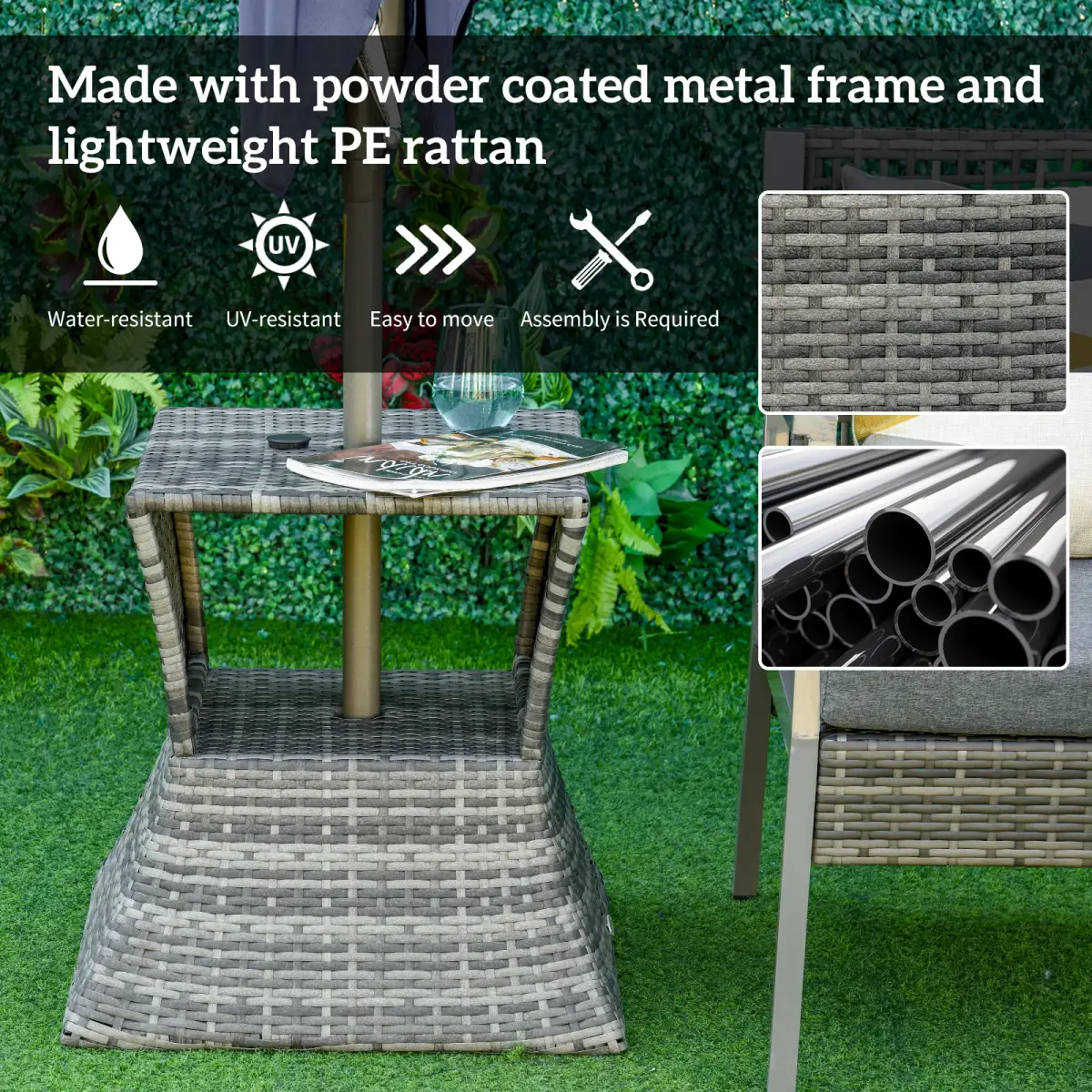 Outsunny Rattan Wicker Tea Coffee Table w/ Umbrella Hole and Storage Space Grey by Outsunny