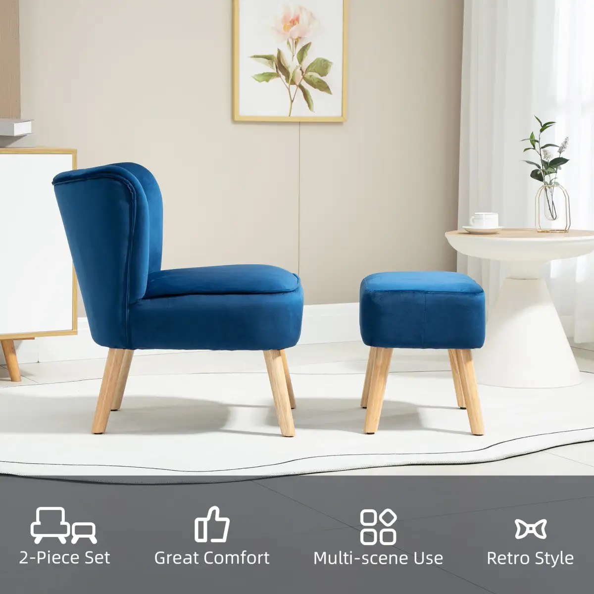 Velvet-Feel Accent Chair w/ Ottoman Tub Seat Padding Wood Legs Dark Blue by HOMCOM
