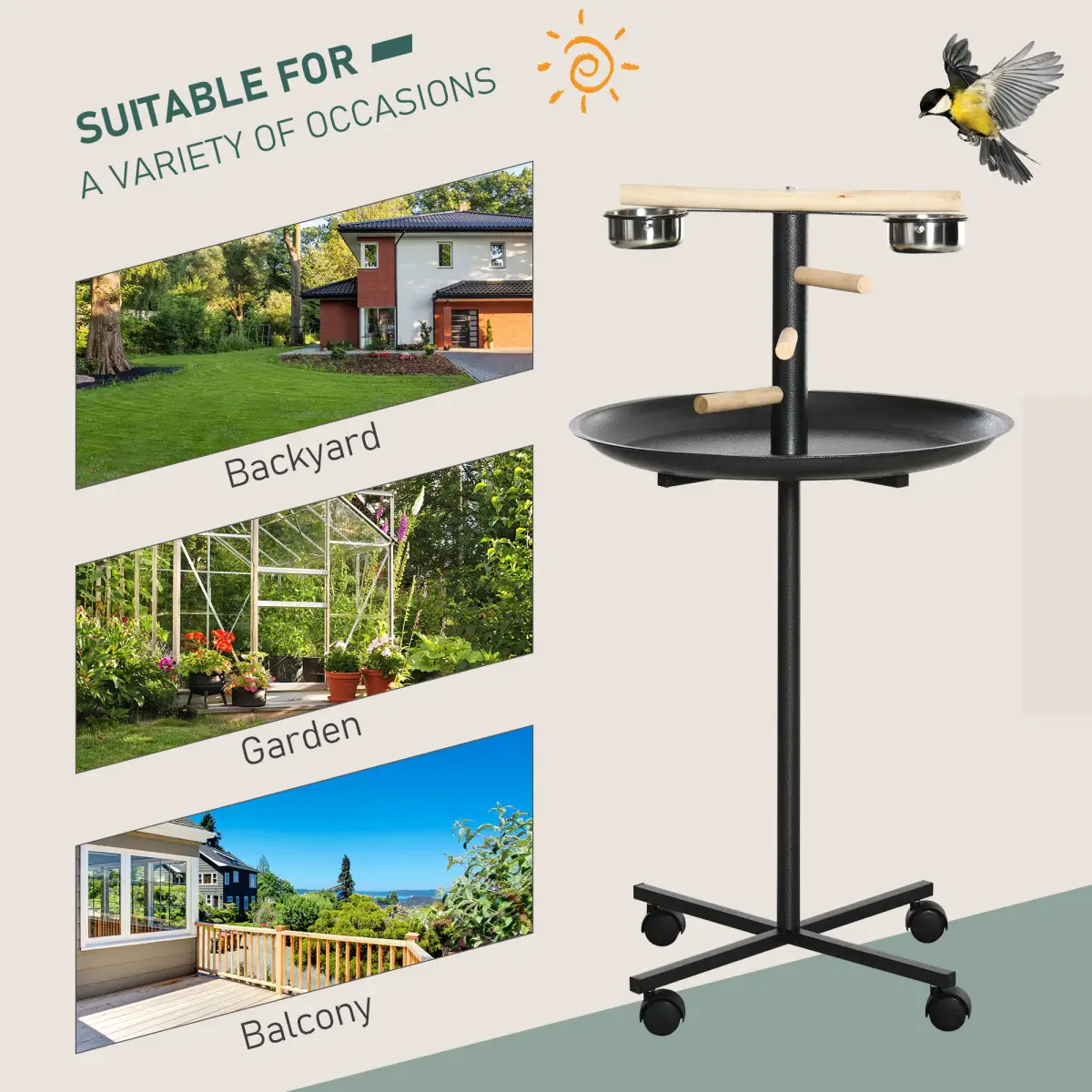Bird Play Stand Portable Feeder Station w/ Wooden Perches, Stainless Steel Bowls by Pawhut