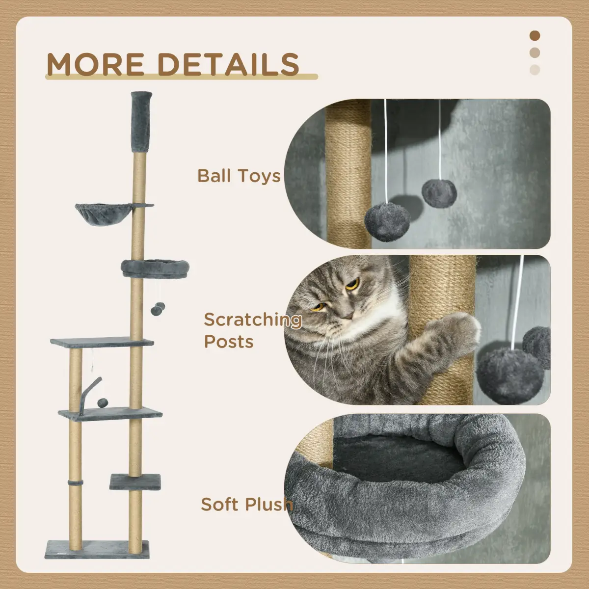 6-Tier Floor to Ceiling Cat Tree with Scratching Post, Bed, Hammock, Grey by PawHut