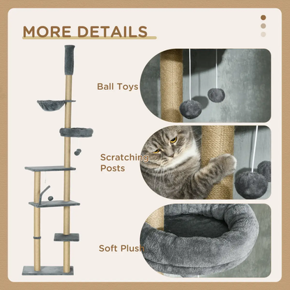 6-Tier Floor to Ceiling Cat Tree with Scratching Post, Bed, Hammock, Grey by PawHut