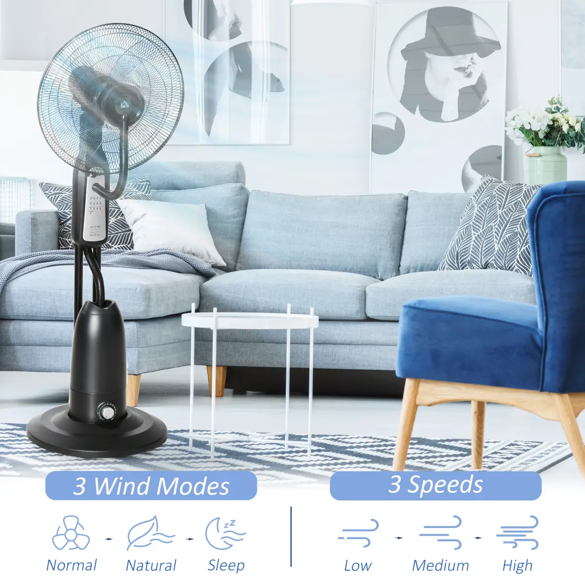 Pedestal Fan with Water Mist Spray Standing Fan w/ 2.8L Water Tank Black by HOMCOM