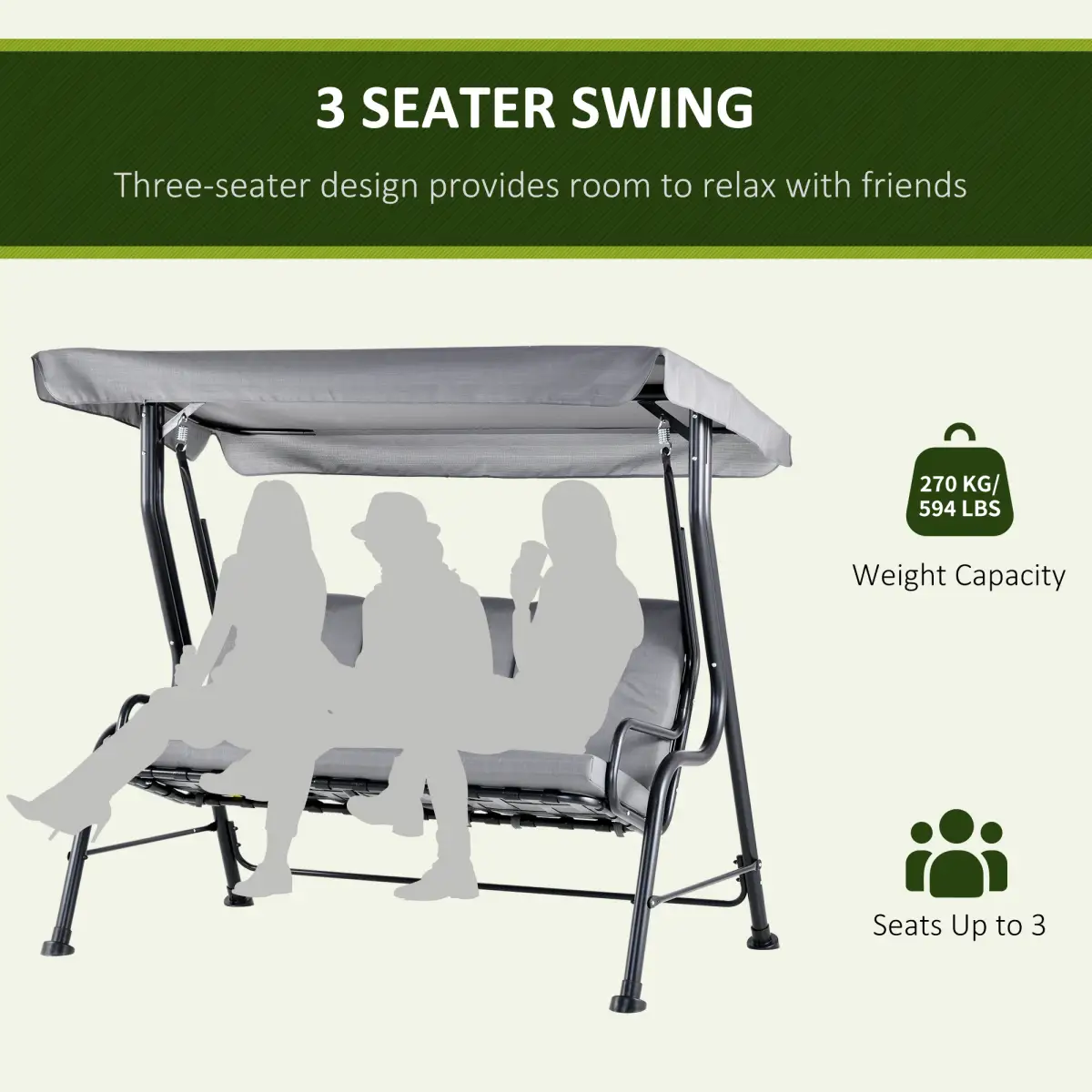 3 Seater Swing Chairs Thick Padded Seat Hammock Canopy Bench Bed - Grey by Outsunny