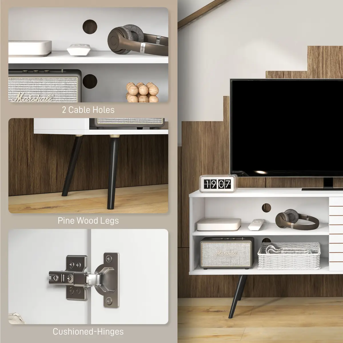 HOMCOM TV Unit for 65" TVs with 2 Open Shelves, Door and 2 Cable Holes, White by HOMCOM