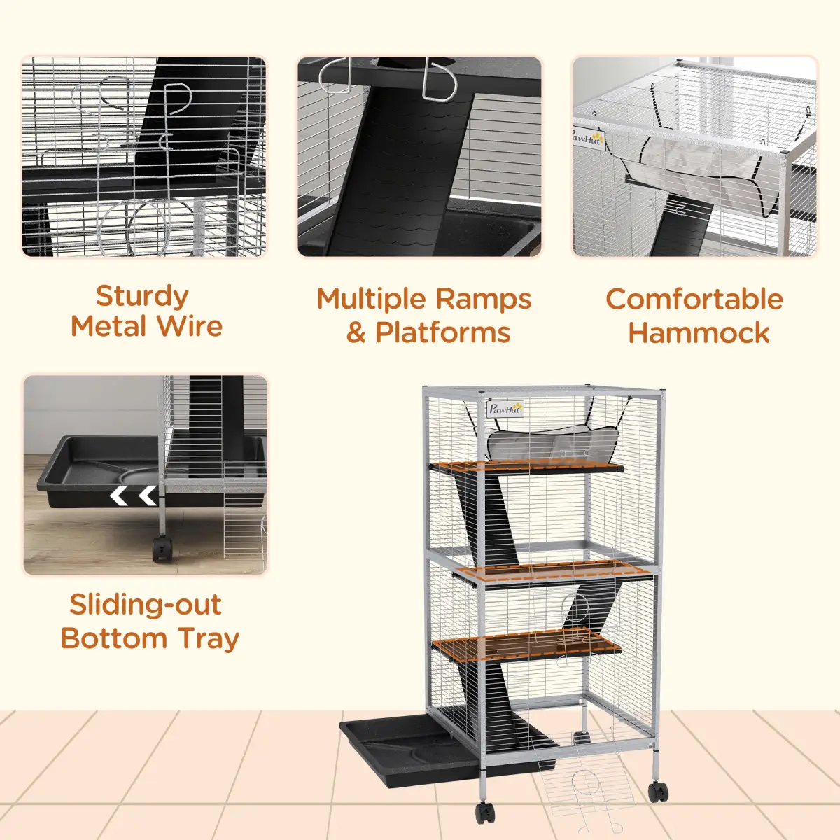 PawHut Rolling Small Animal Cage for Chinchillas Ferrets Kittens W/ Ramp Grey by PawHut