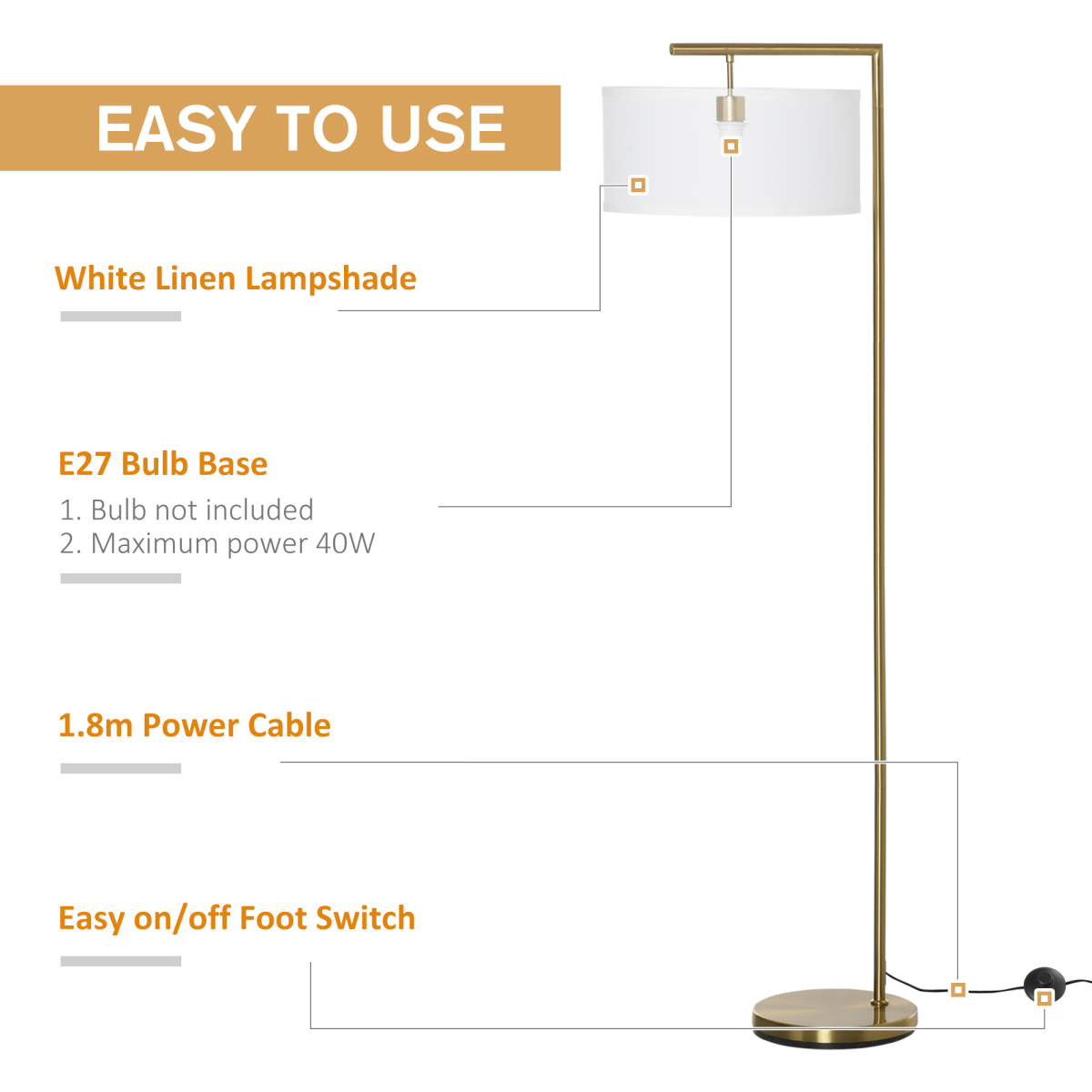 Floor Lamp with Linen Lampshade Round Base for Living Room Bedroom HOMCOM by Unbranded