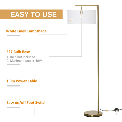 Floor Lamp with Linen Lampshade Round Base for Living Room Bedroom HOMCOM by Unbranded