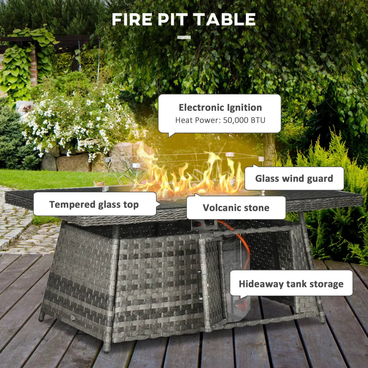 Outsunny 7 Pieces Rattan Garden Furniture Set w/ 50,000 BTU Gas Fire Pit Table by Outsunny