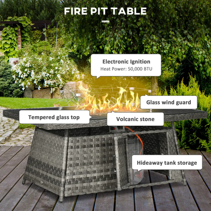 Outsunny 7 Pieces Rattan Garden Furniture Set w/ 50,000 BTU Gas Fire Pit Table by Outsunny