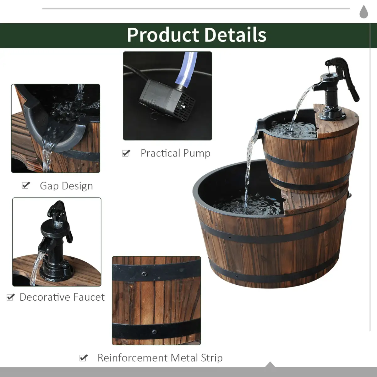 Wooden Water Pump Fountain, 2 Tier-Fir Wood/Steel by Outsunny