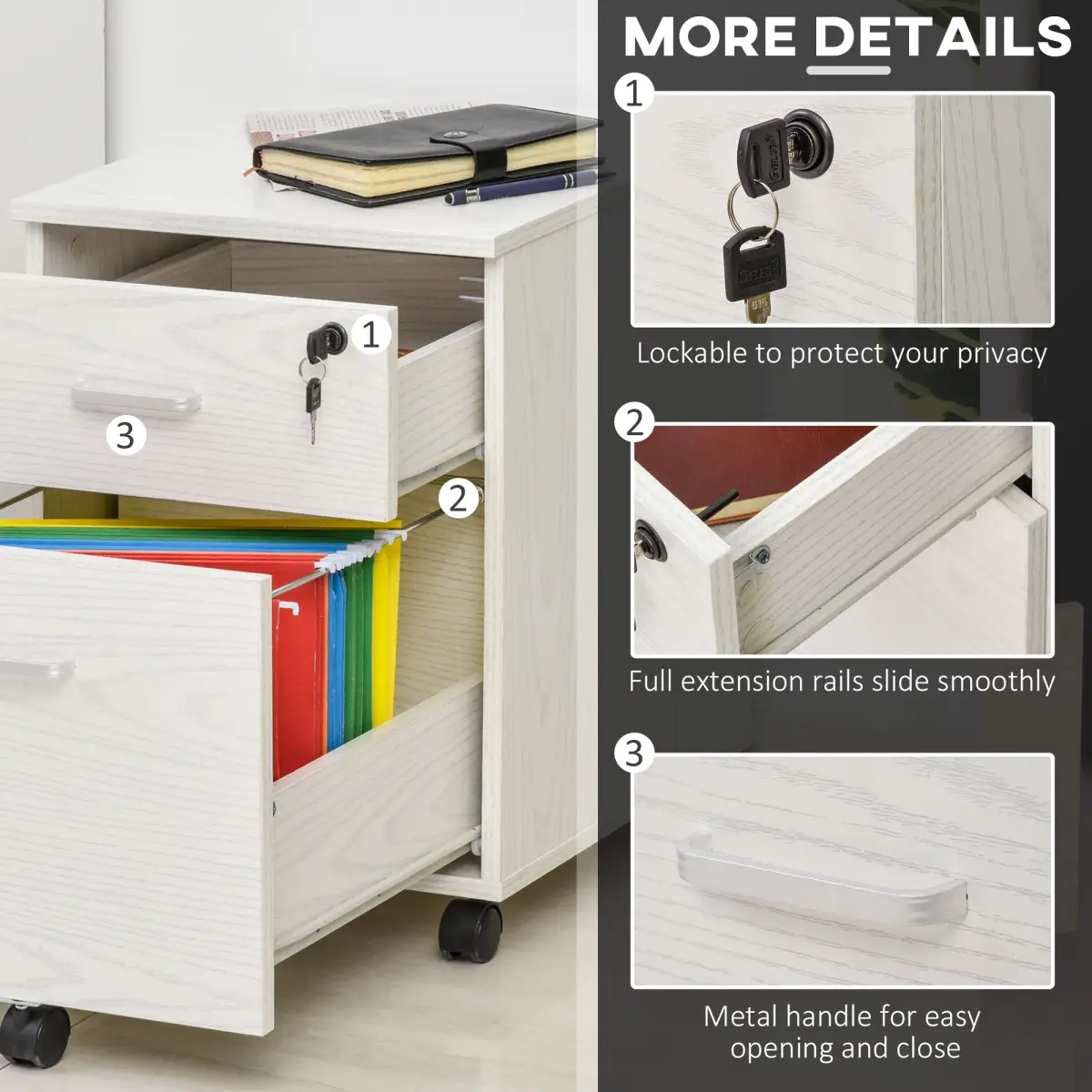 2-Drawer Locking Office Filing Cabinet 5 Wheels Rolling Storage White Vinsetto by Unbranded