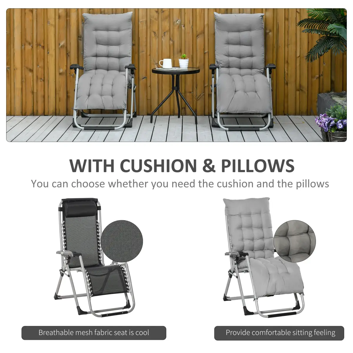 Outsunny 2 PCS Reclining Zero Gravity Chair Folding Lounger Cushion Light Grey by Outsunny