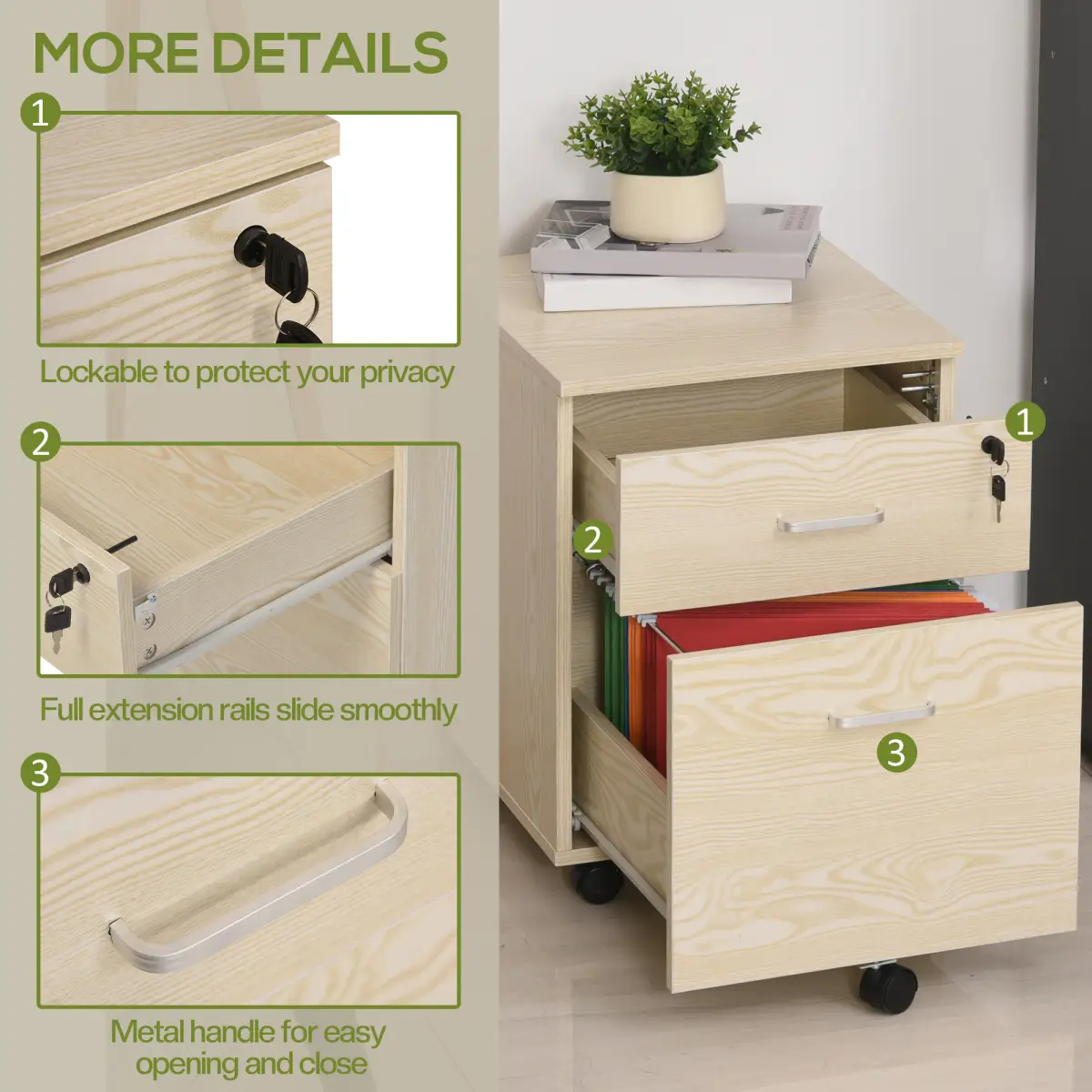2-Drawer Locking Office Filing Cabinet 5 Wheels Rolling Storage Oak Vinsetto by Unbranded